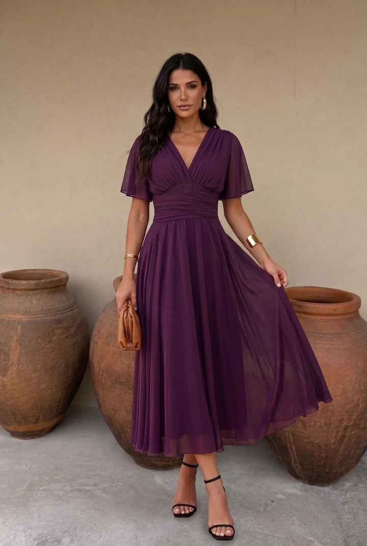Muriel – Ruched Midi Dress with Flowing Skirt
