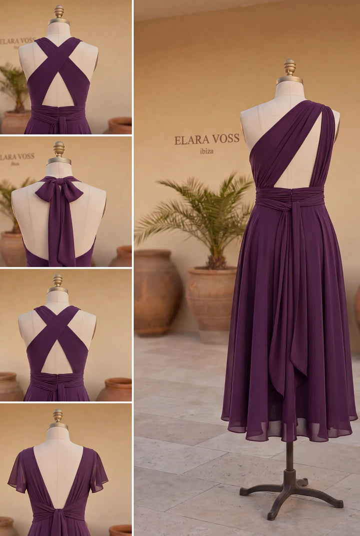 Muriel – Ruched Midi Dress with Flowing Skirt