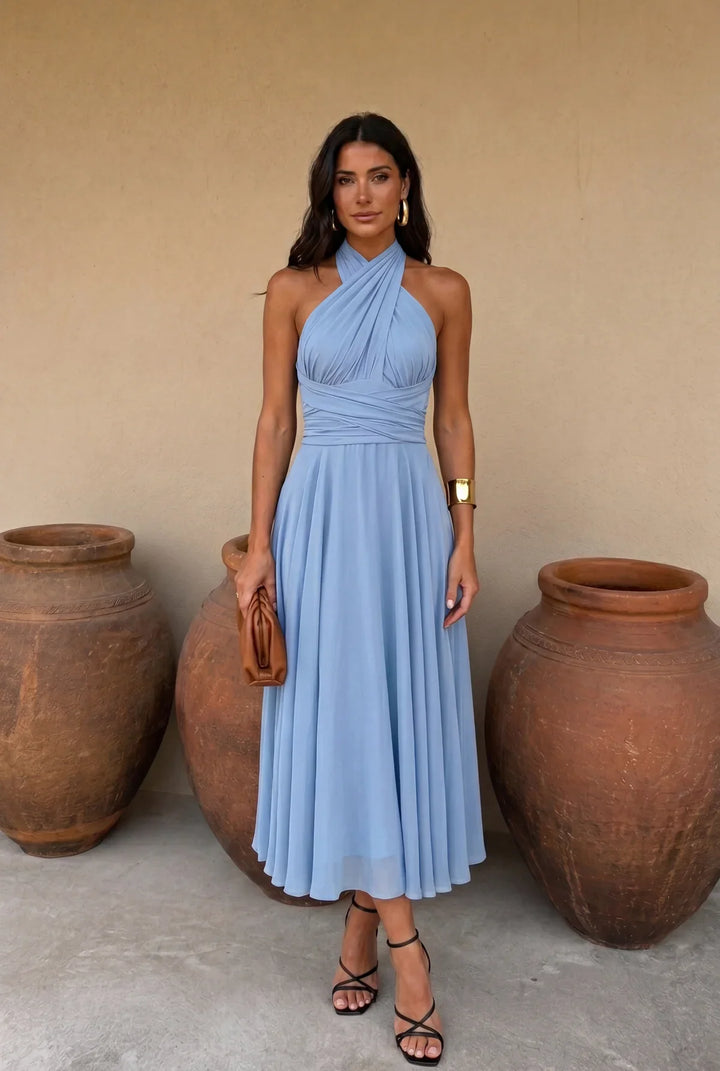 Muriel – Ruched Midi Dress with Flowing Skirt