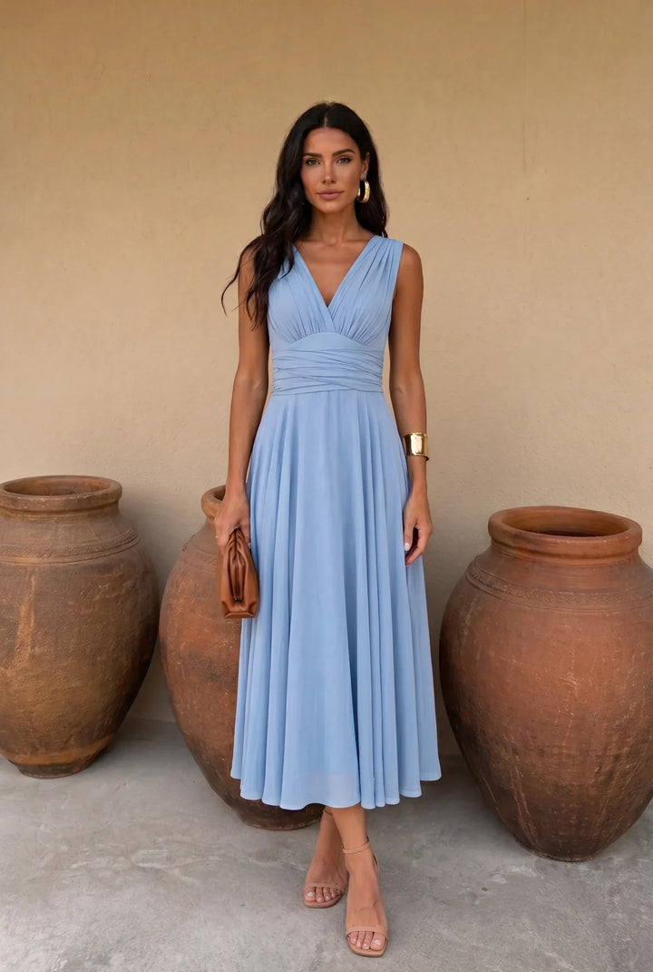 Muriel – Ruched Midi Dress with Flowing Skirt
