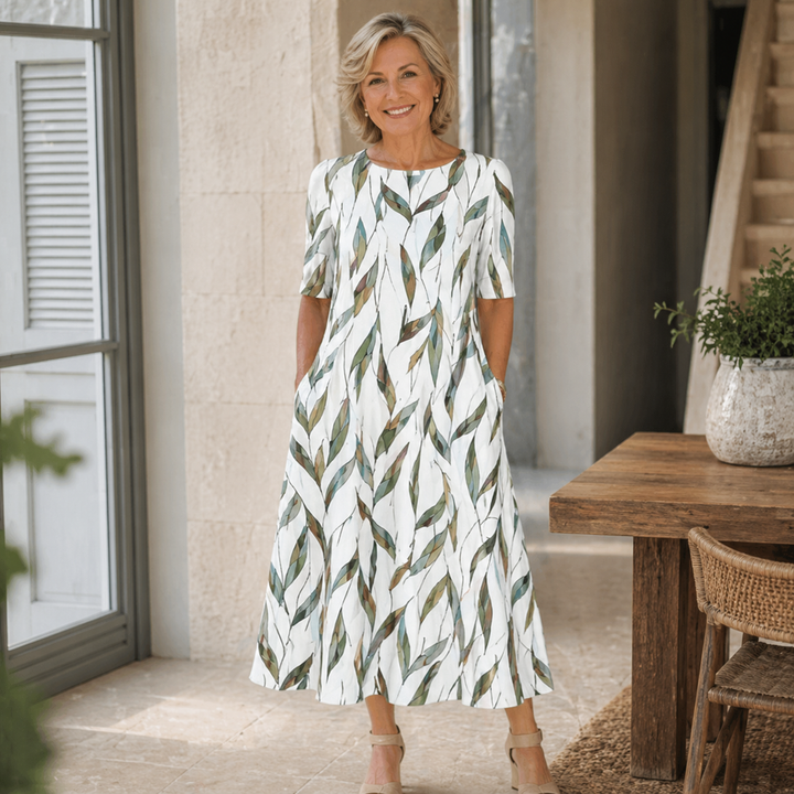 Marianne – Printed Midi Dress with Elbow Sleeves
