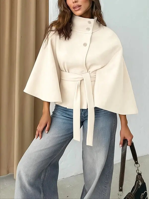 Thelma – Front Buckle Belted Wool Cape Coat