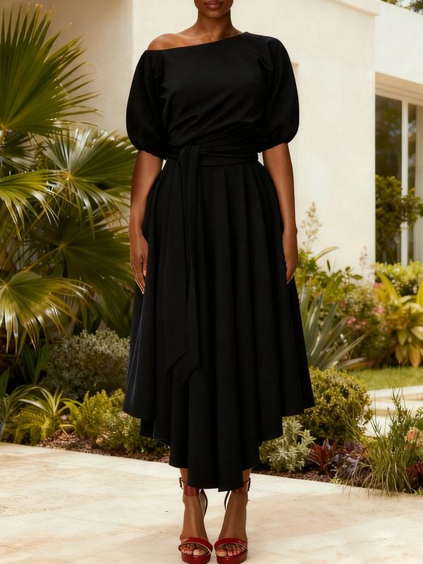 Deirdre – Elegant Belted Bishop Sleeve Boat Neck A-Line Dress