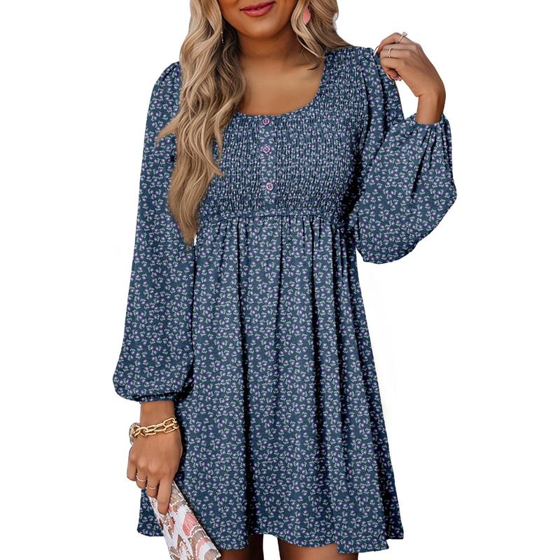 Nancy – Casual Smocked Empire Waist A-Line Dress with Button-Up Detail