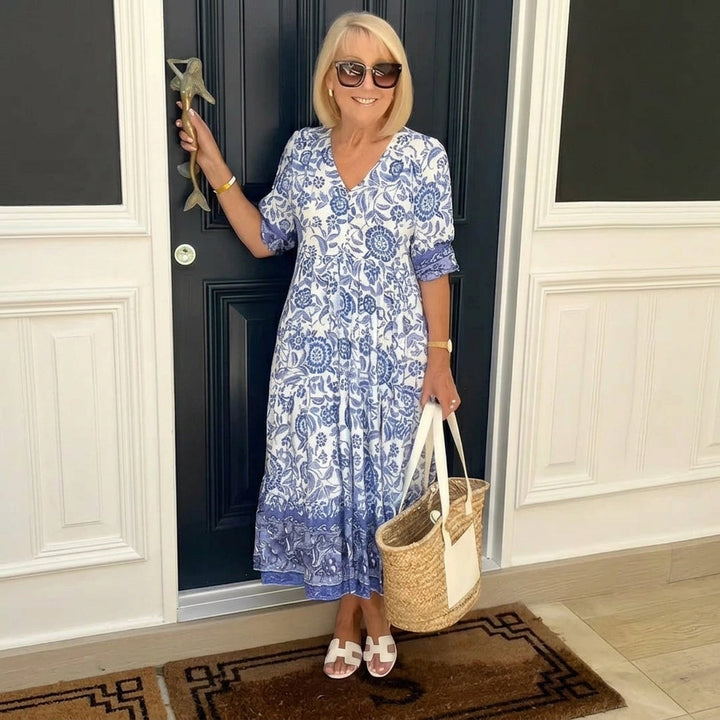 Sophie – Floral Midi Dress with Puff Sleeves