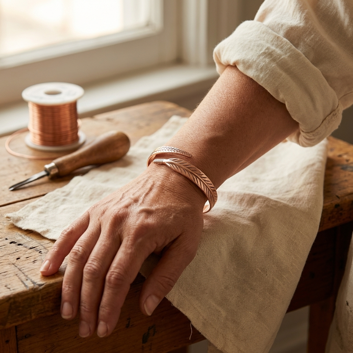 Teresa – Feather Engraved Copper Cuff Bracelet