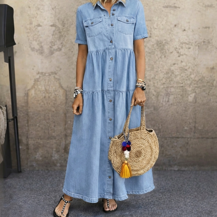 Vera – Denim Tiered Maxi Dress