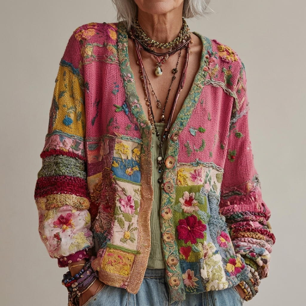 Joyce – Boho Patchwork Floral Knit Cardigan