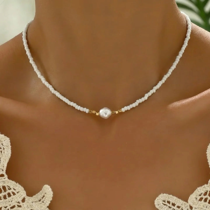 Anthea – Beaded Pearl Pendant Choker Necklace