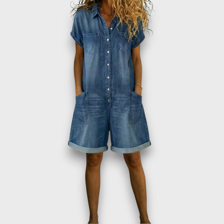Janet – Vintage Cotton Denim-Look Short Overalls