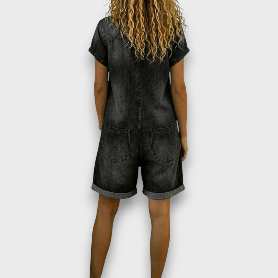 Janet – Vintage Cotton Denim-Look Short Overalls