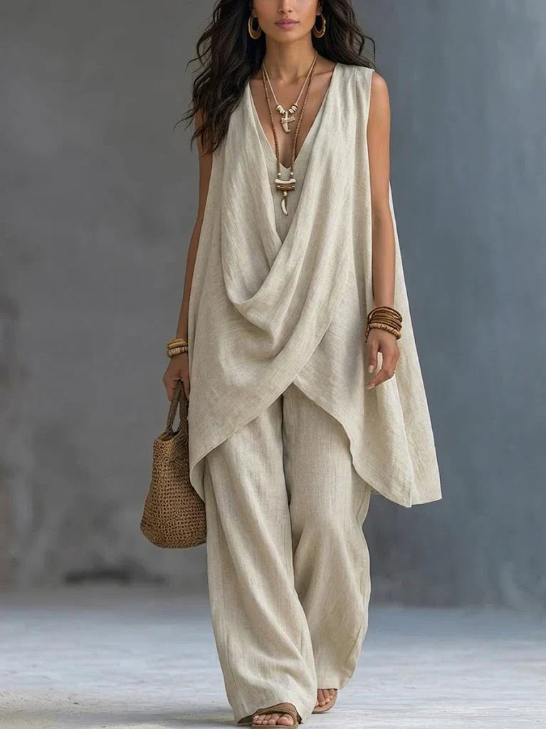 Serena – Draped Linen Sleeveless Two-Piece Set