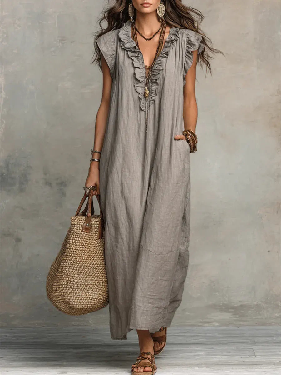 Pamela – Ruffle Neckline Linen Maxi Dress