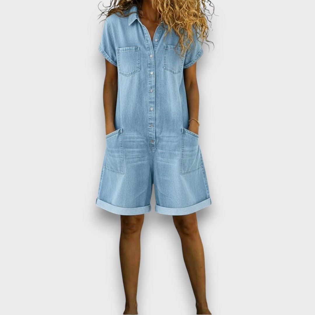 Janet – Vintage Cotton Denim-Look Short Overalls
