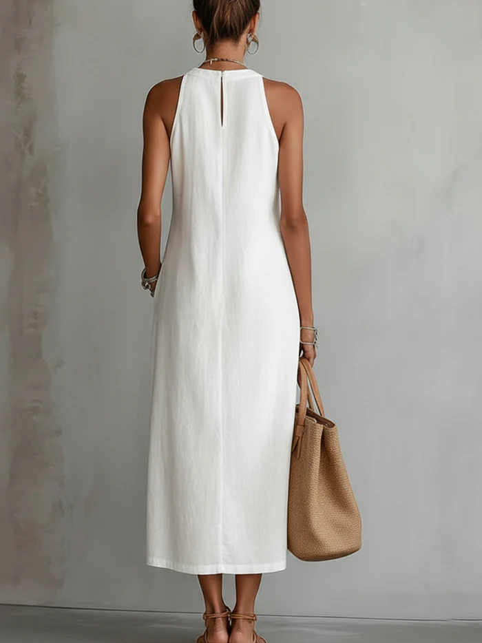 Lorna – Linen Midi Dress with Mao Collar