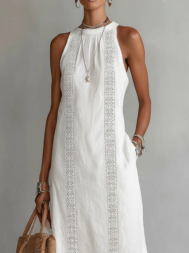 Lorna – Linen Midi Dress with Mao Collar