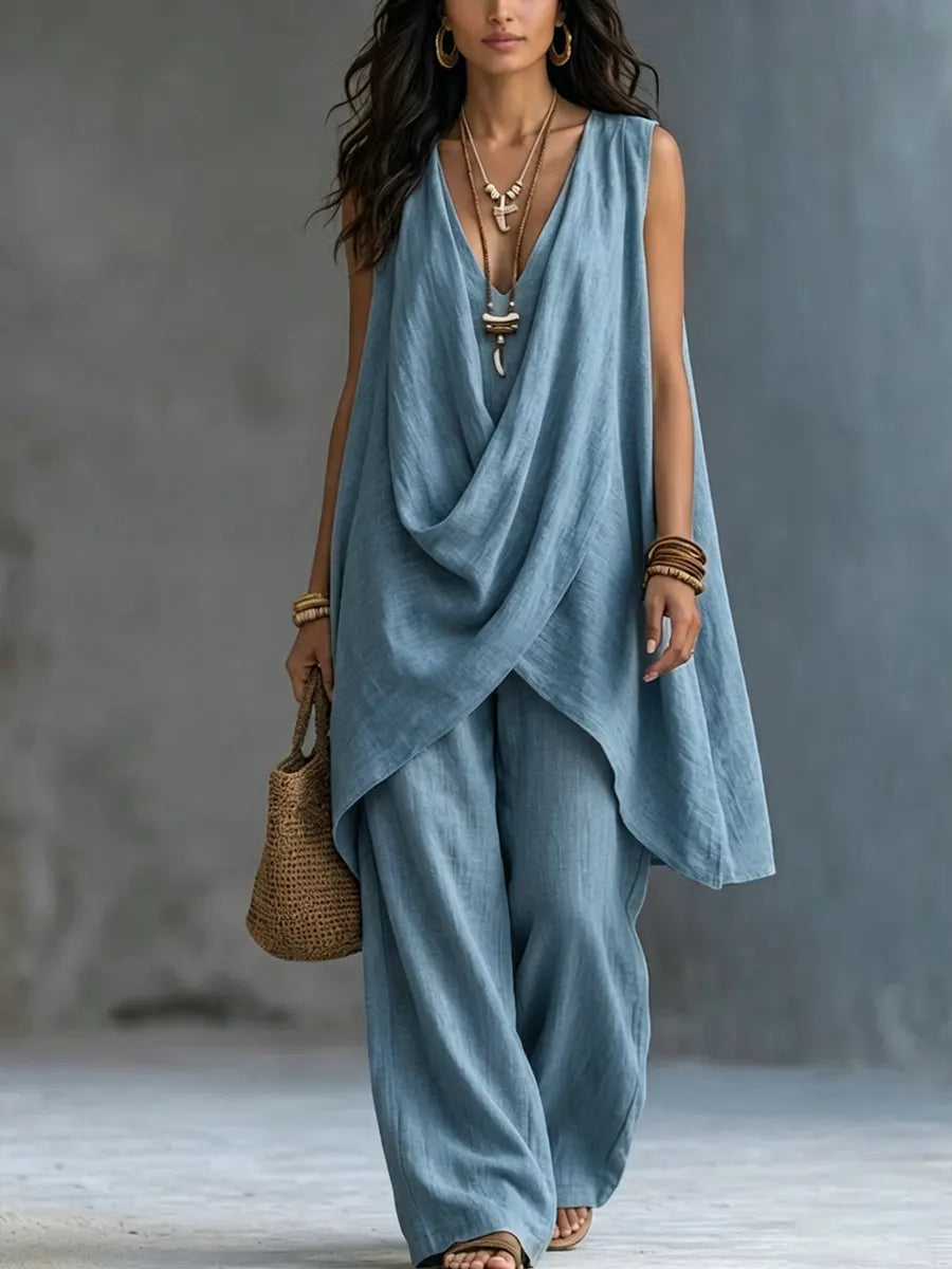 Serena – Draped Linen Sleeveless Two-Piece Set