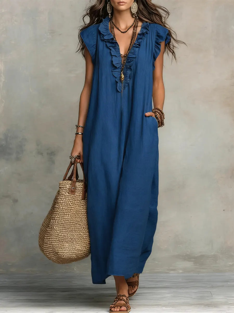 Pamela – Ruffle Neckline Linen Maxi Dress