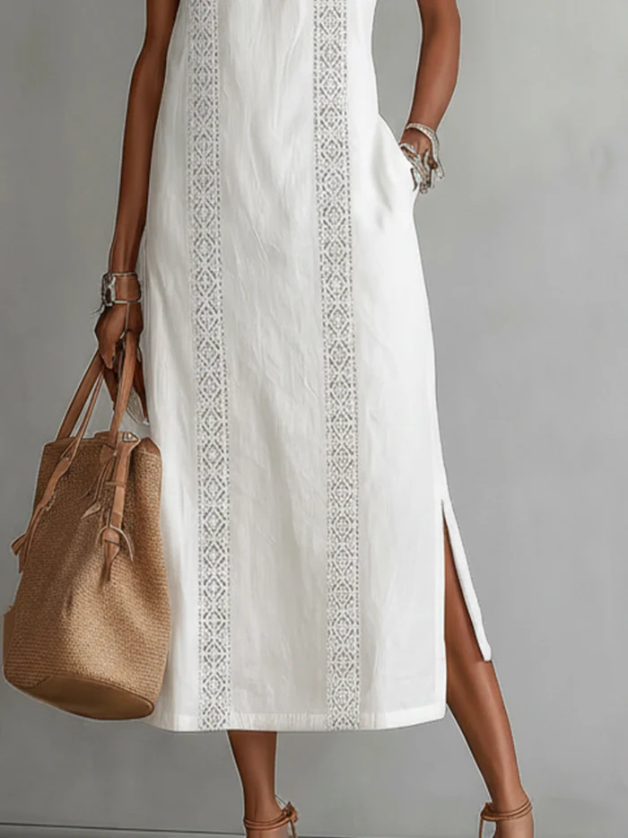 Lorna – Linen Midi Dress with Mao Collar