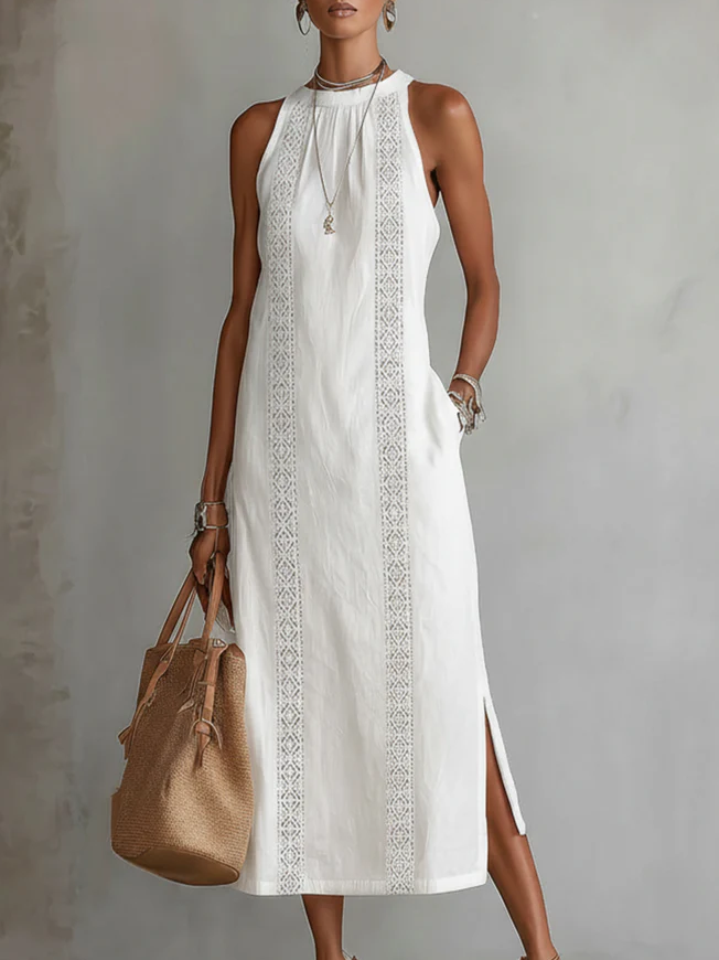 Lorna – Linen Midi Dress with Mao Collar