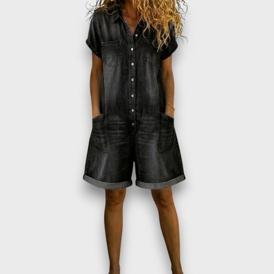 Janet – Vintage Cotton Denim-Look Short Overalls