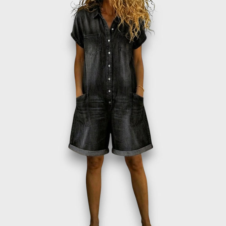 Janet – Vintage Cotton Denim-Look Short Overalls