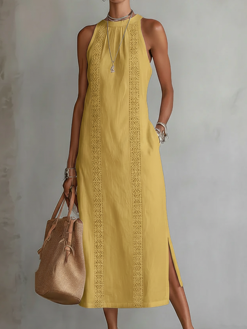 Lorna – Linen Midi Dress with Mao Collar