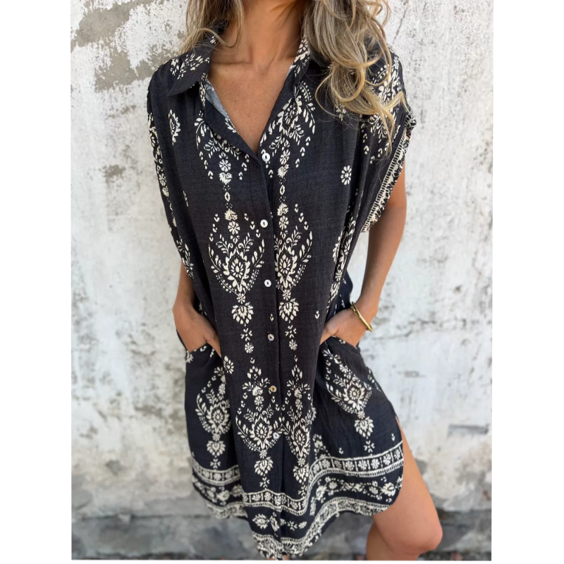 Emmeline – Boho Print Button-Down Mini Dress