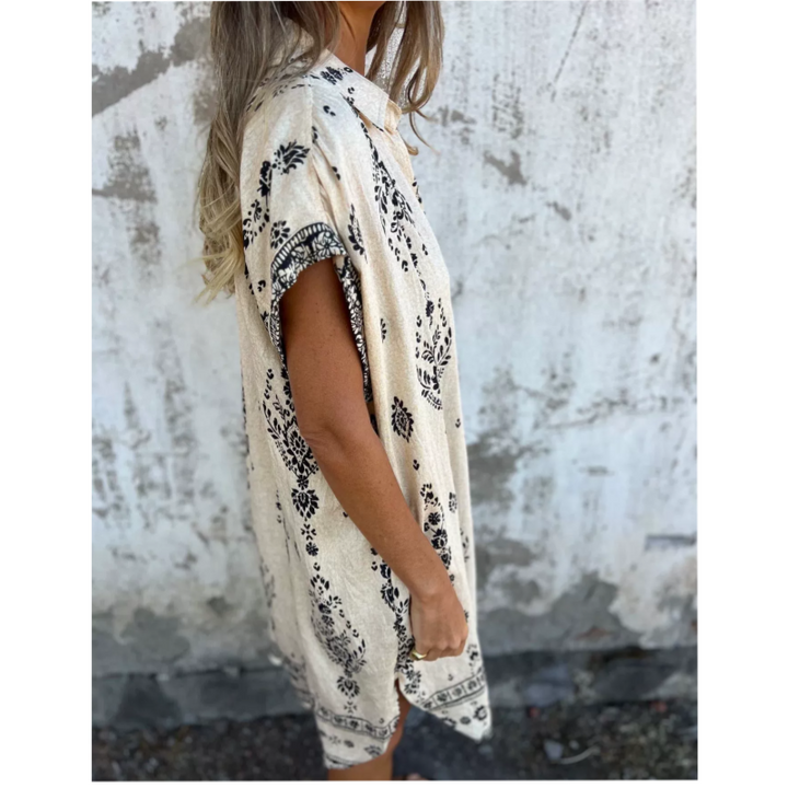 Emmeline – Boho Print Button-Down Mini Dress