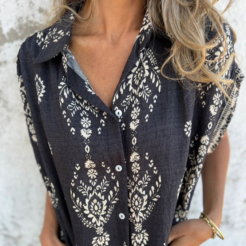 Emmeline – Boho Print Button-Down Mini Dress