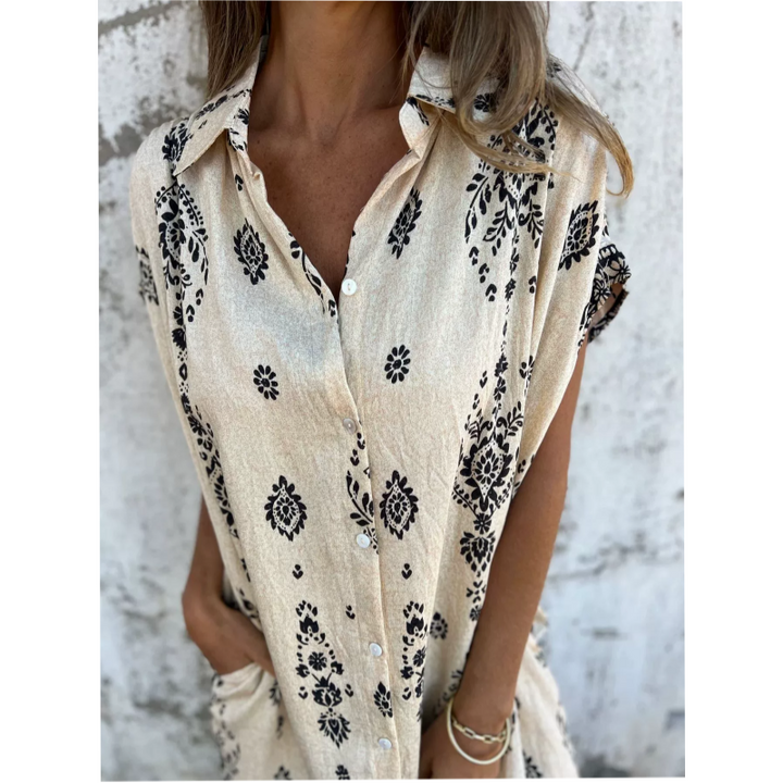 Emmeline – Boho Print Button-Down Mini Dress