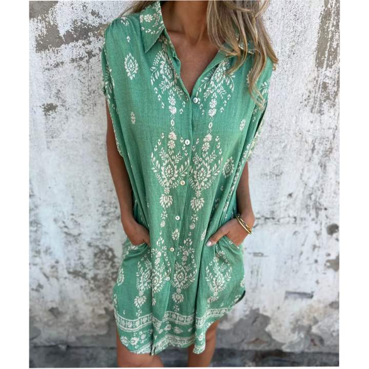 Emmeline – Boho Print Button-Down Mini Dress