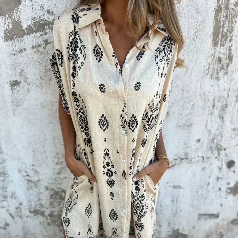 Emmeline – Boho Print Button-Down Mini Dress