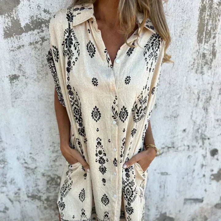 Emmeline – Boho Print Button-Down Mini Dress