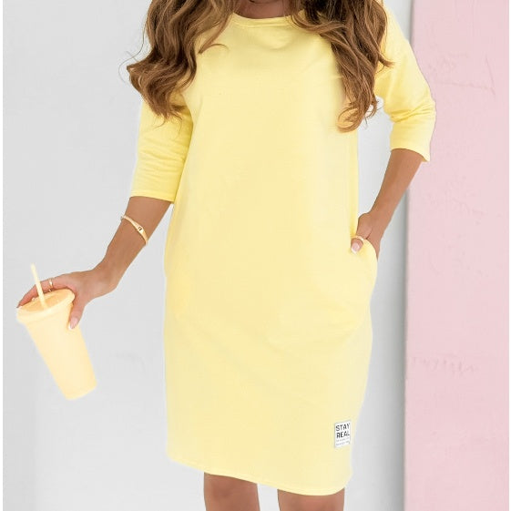 Edna – Round Neck Three-Quarter Sleeve Dress with Pockets