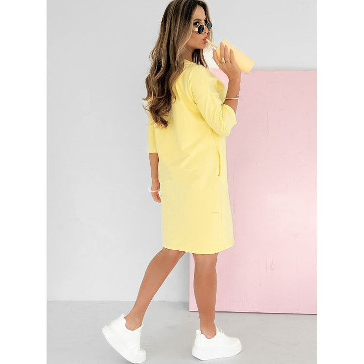 Edna – Round Neck Three-Quarter Sleeve Dress with Pockets